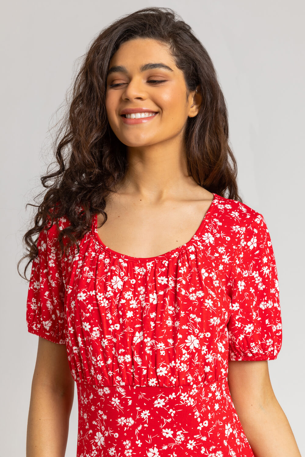 Red Stretch Floral Print Fit & Flare Dress, Image 4 of 5