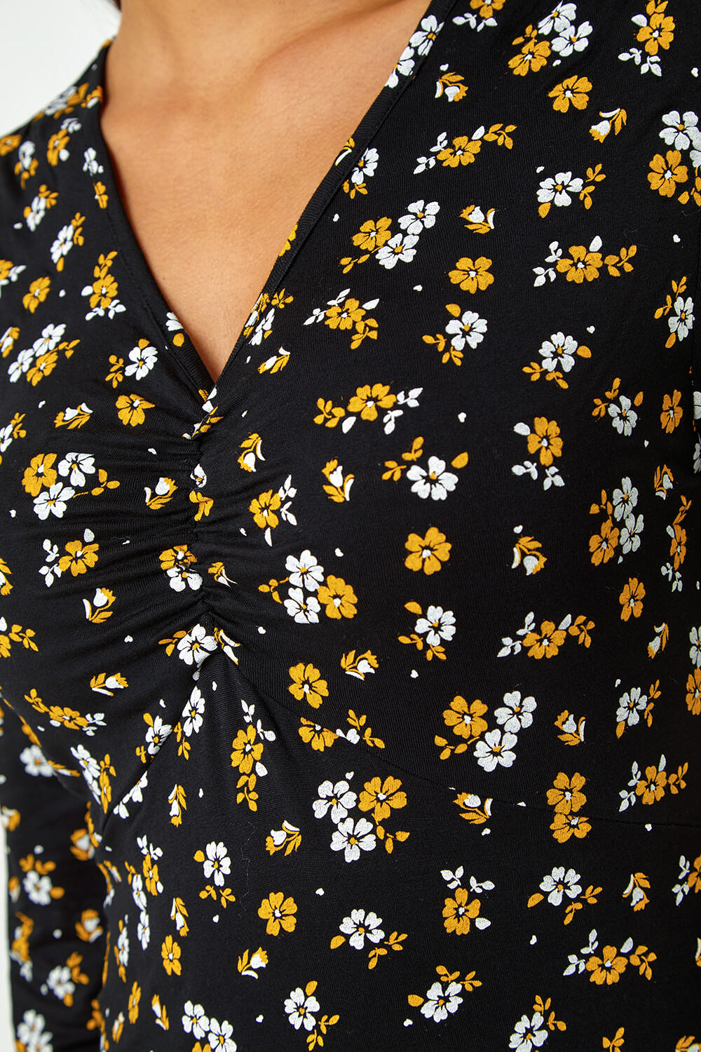 Ochre Floral Print Ruched Stretch Top , Image 5 of 5