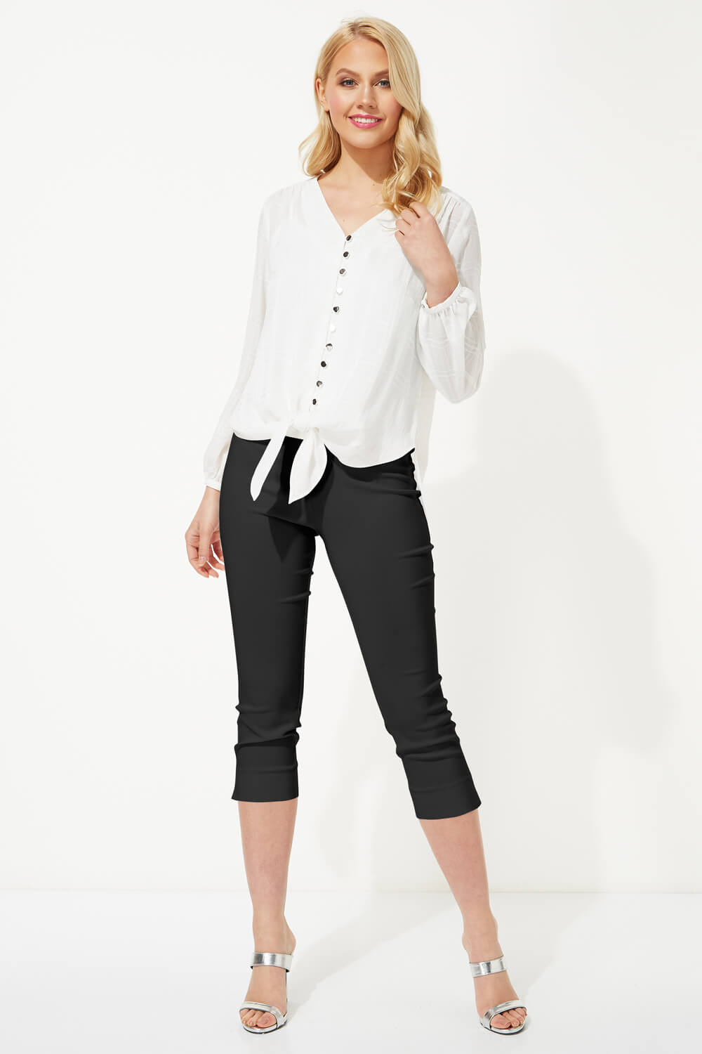 Ivory  Jacquard Geometric Tie Front Blouse, Image 2 of 4