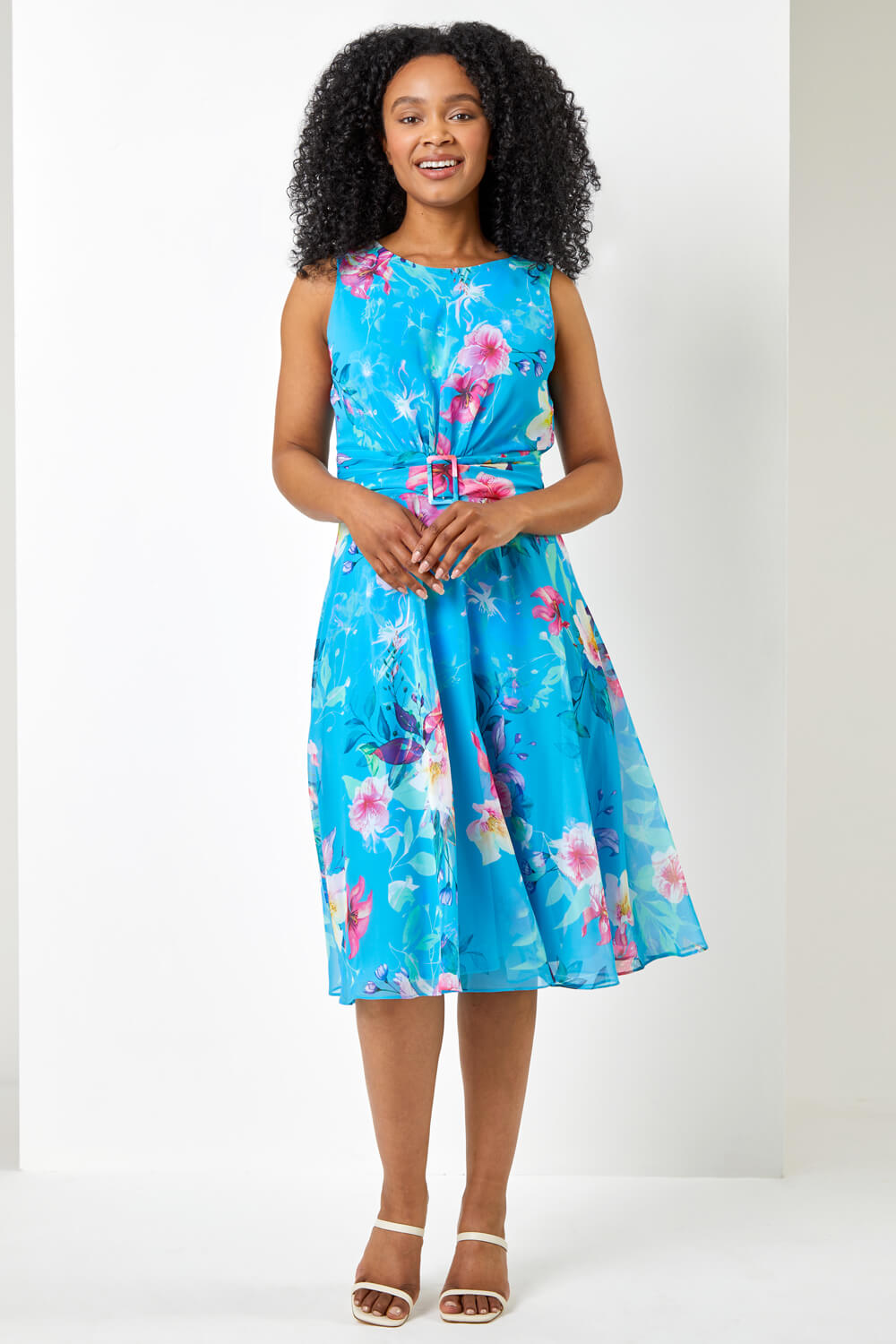 Turquoise Petite Floral Buckle Detail Chiffon Dress, Image 3 of 5