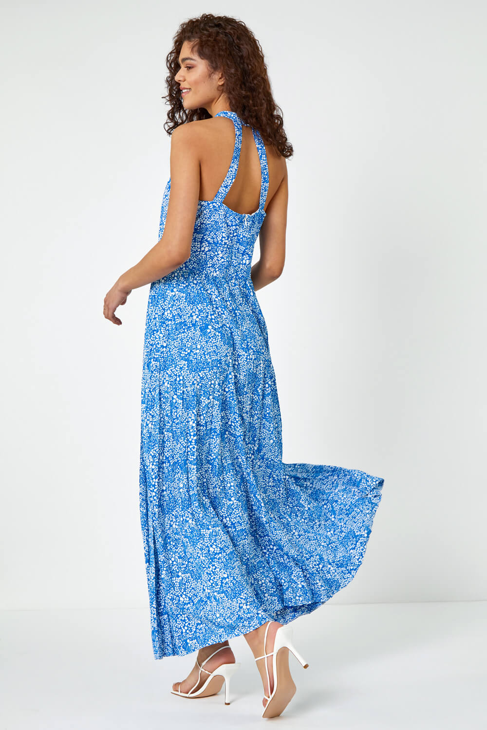Royal Blue Ditsy Floral Halter Neck Maxi Dress | Roman UK