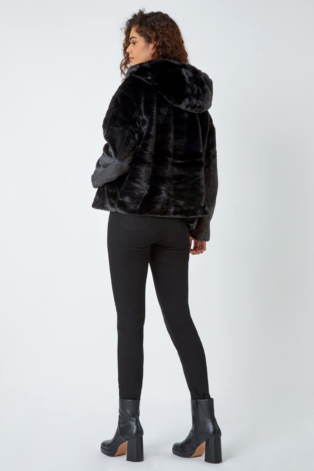 Black Faux Fur Hooded Jacket, Image 3 of 5