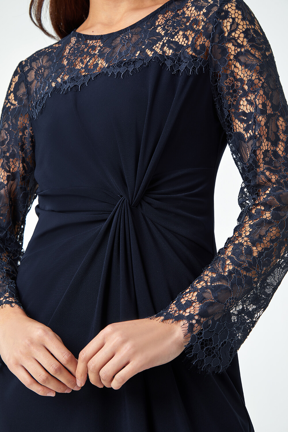 Navy  Petite Lace Detail Knot Front Stretch Dress, Image 5 of 5