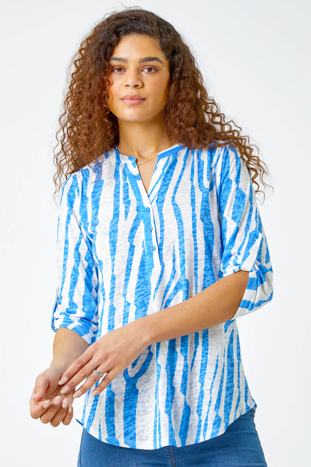 Blue Textured Animal Print Stretch Shirt, Image 2 of 5