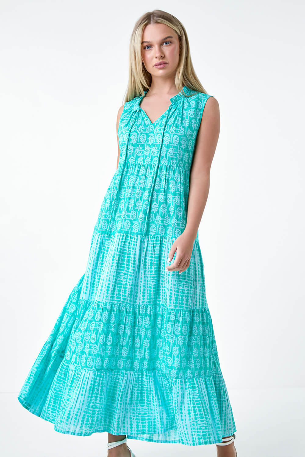 Turquoise Petite Tie Dye Tiered Midi Dress, Image 4 of 5