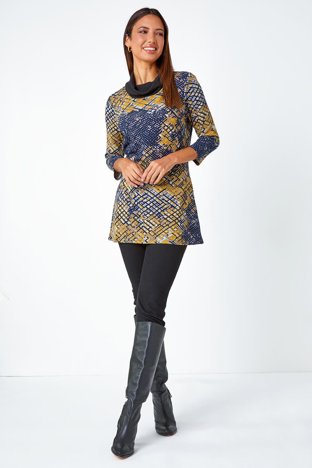 Ochre Abstract Print Cowl Neck Stretch Top, Image 4 of 5