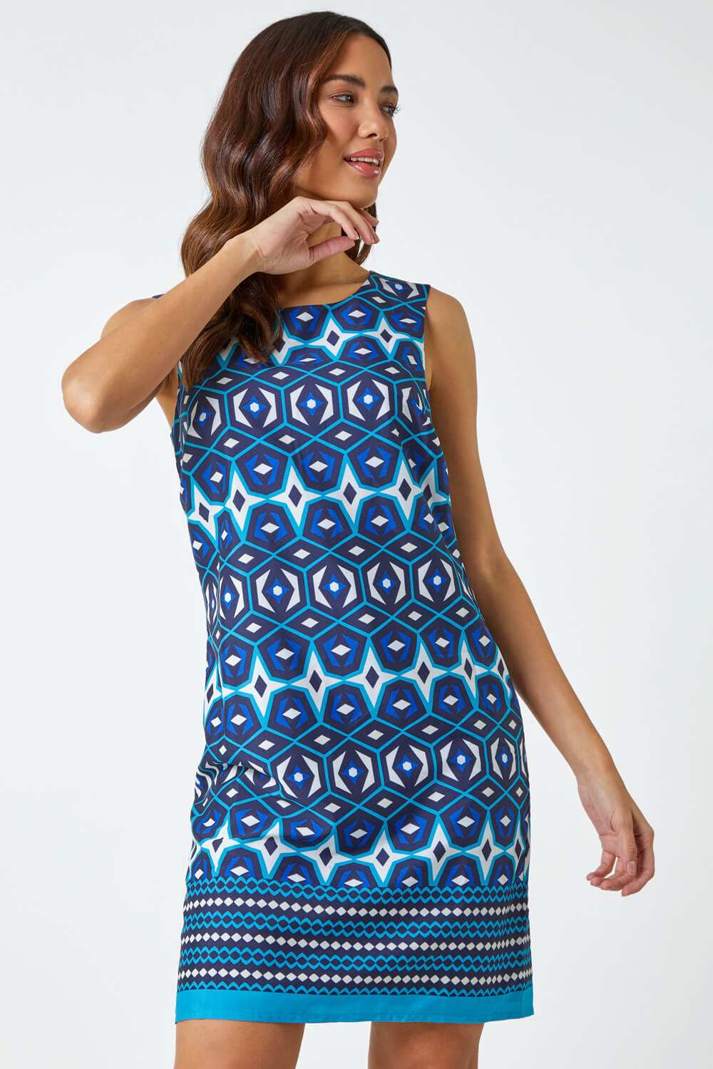 Royal Blue Geometric Border Print Shift Dress, Image 2 of 5