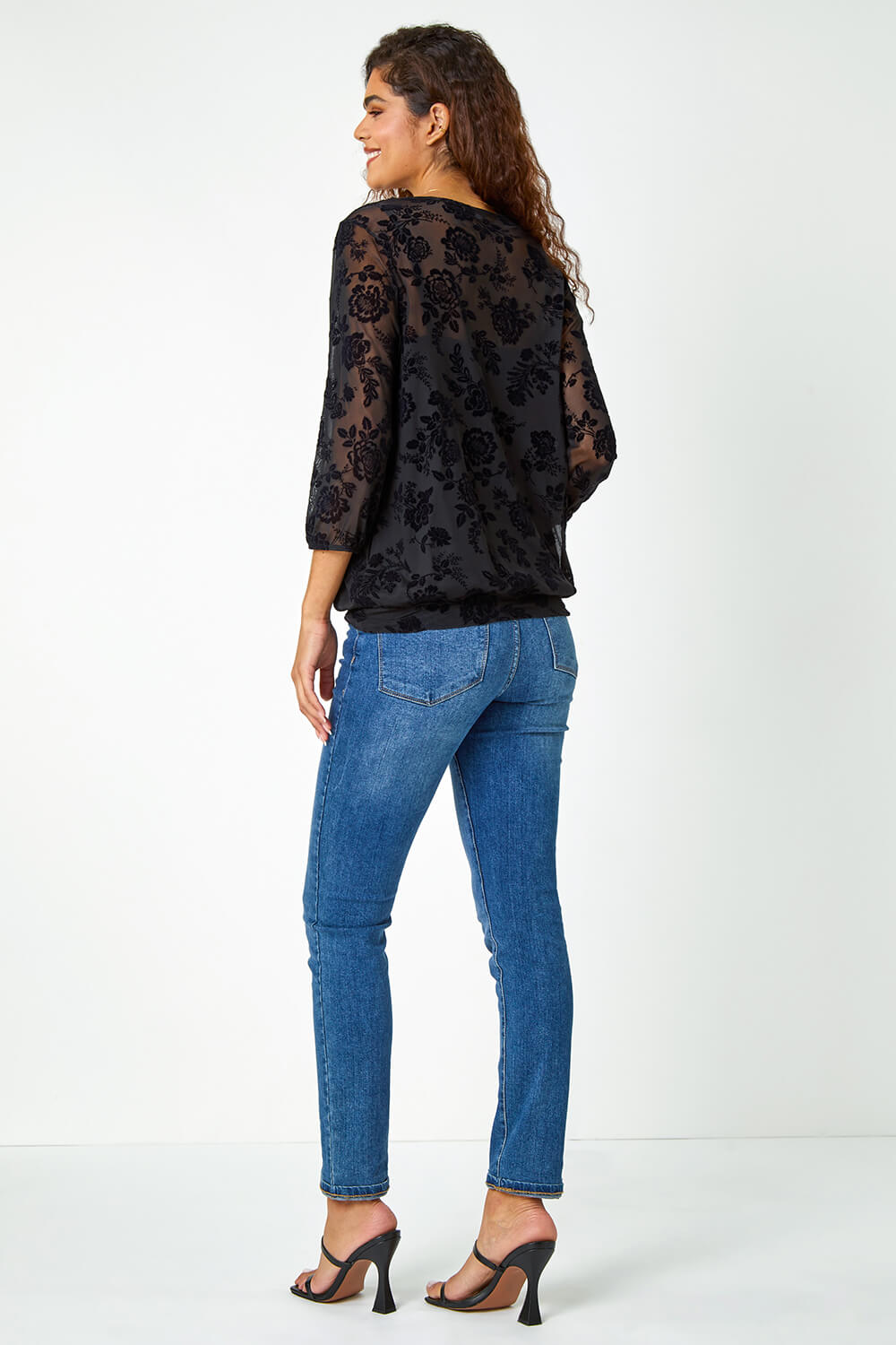 Black Textured Floral Print Mesh Stretch Top, Image 3 of 5