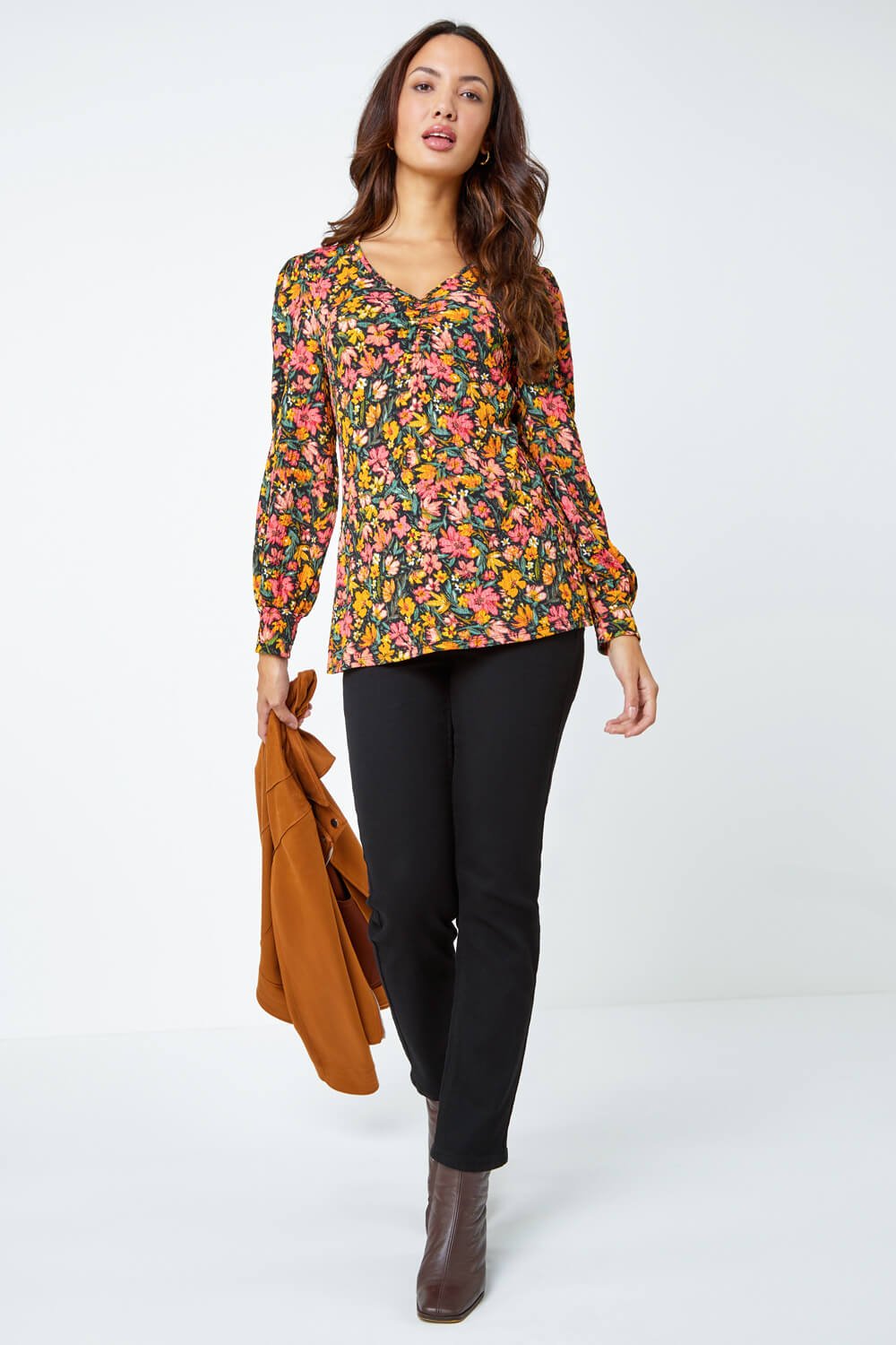 Textured Floral Print Ruched Top in Amber - Roman Originals UK