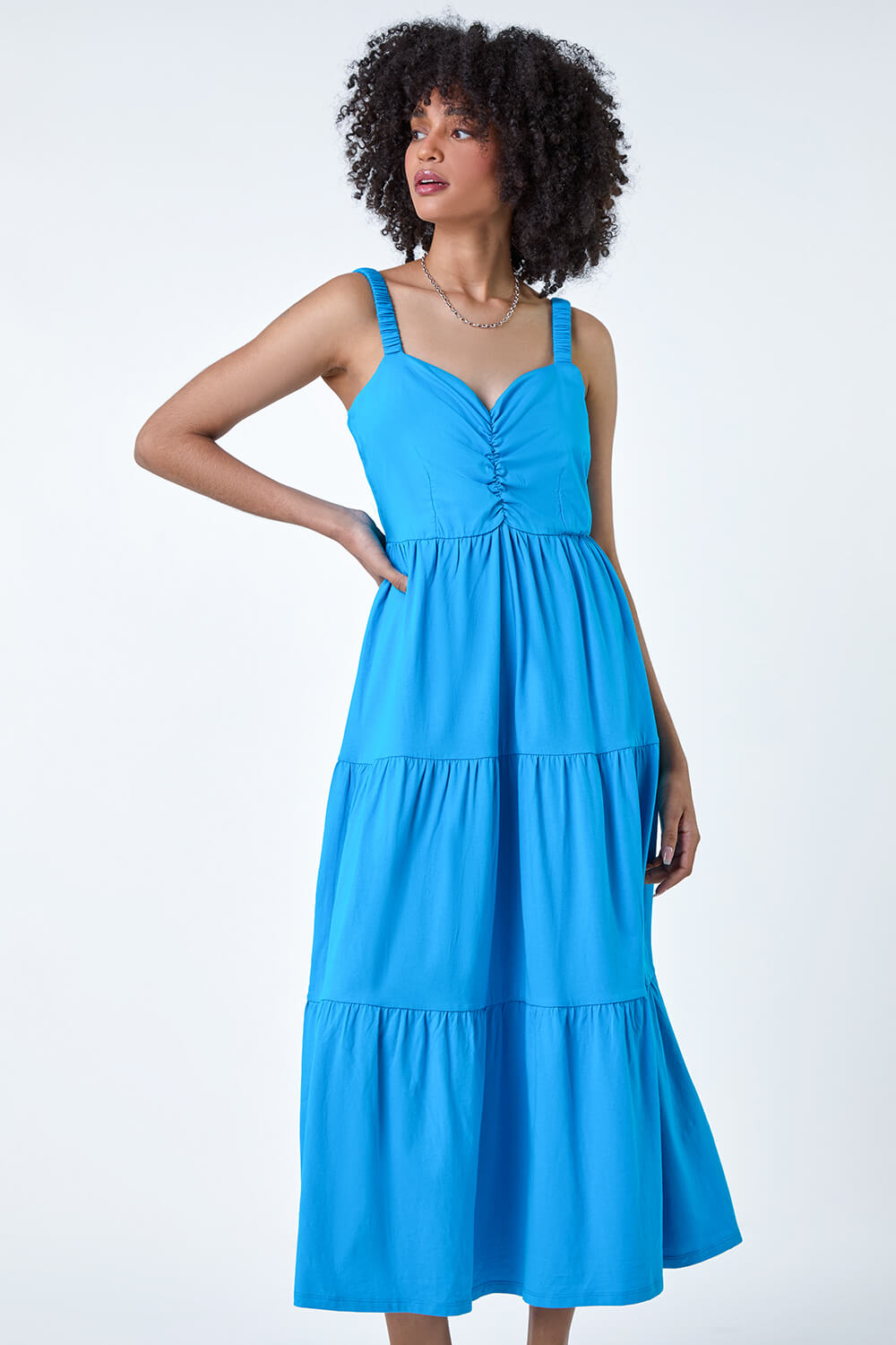 Turquoise Cotton Strappy Tiered Midi Dress, Image 2 of 5
