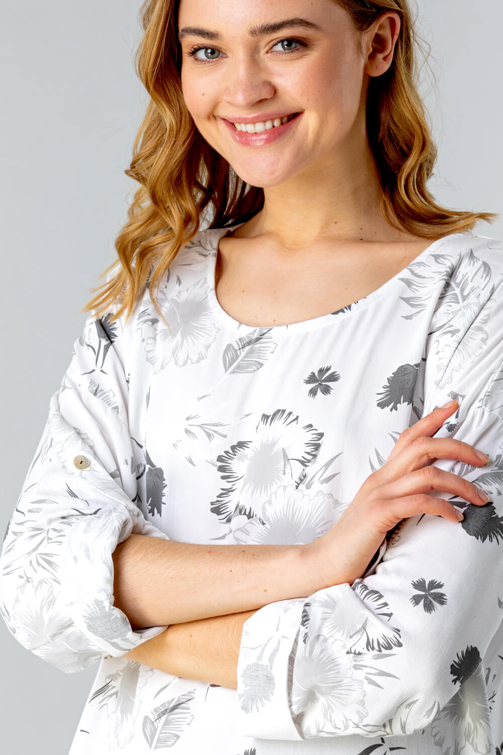 White Floral Print Longline Tunic Top, Image 4 of 4