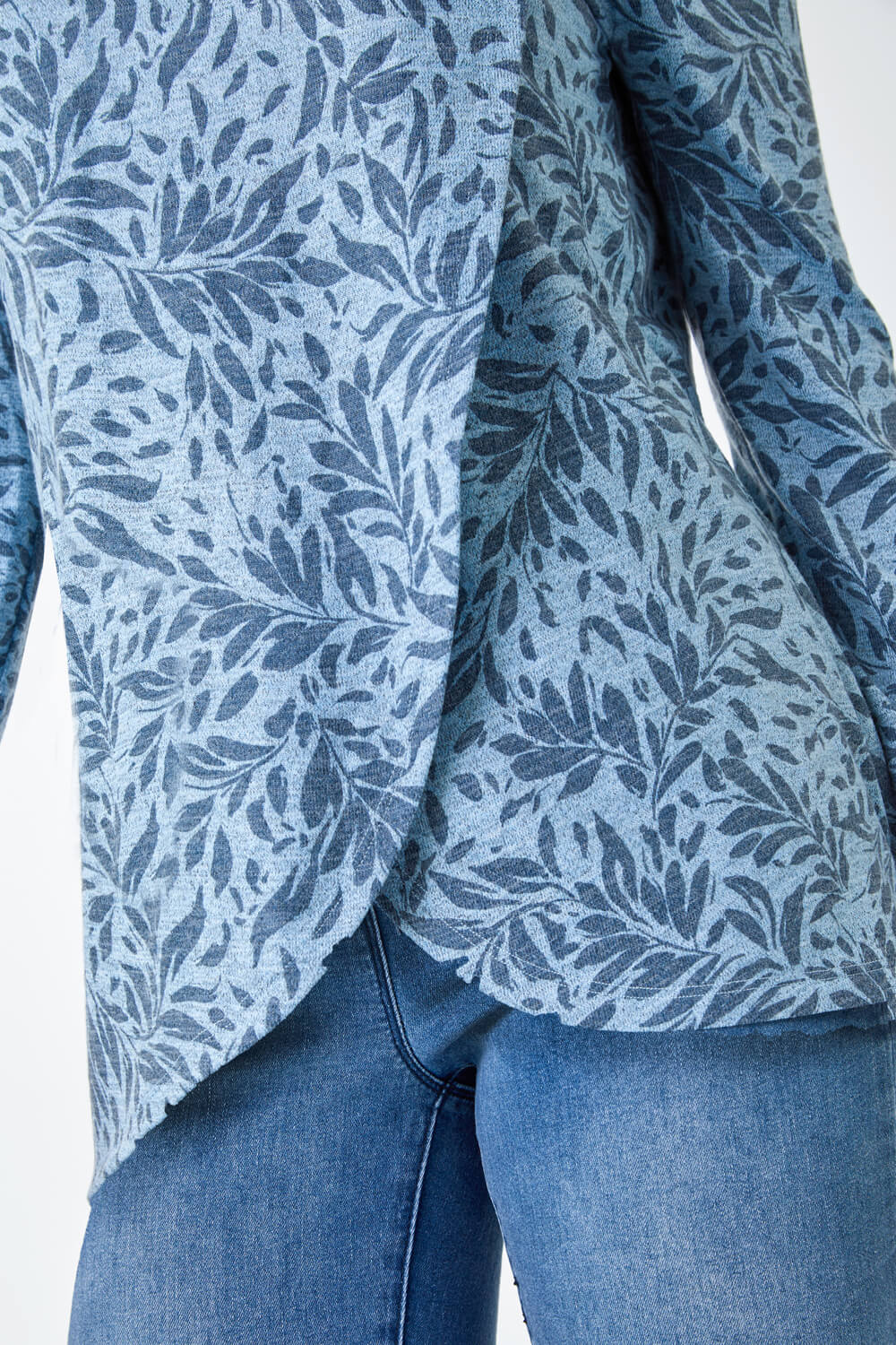 Blue Floral Print Cowl Neck Stretch Top , Image 5 of 5