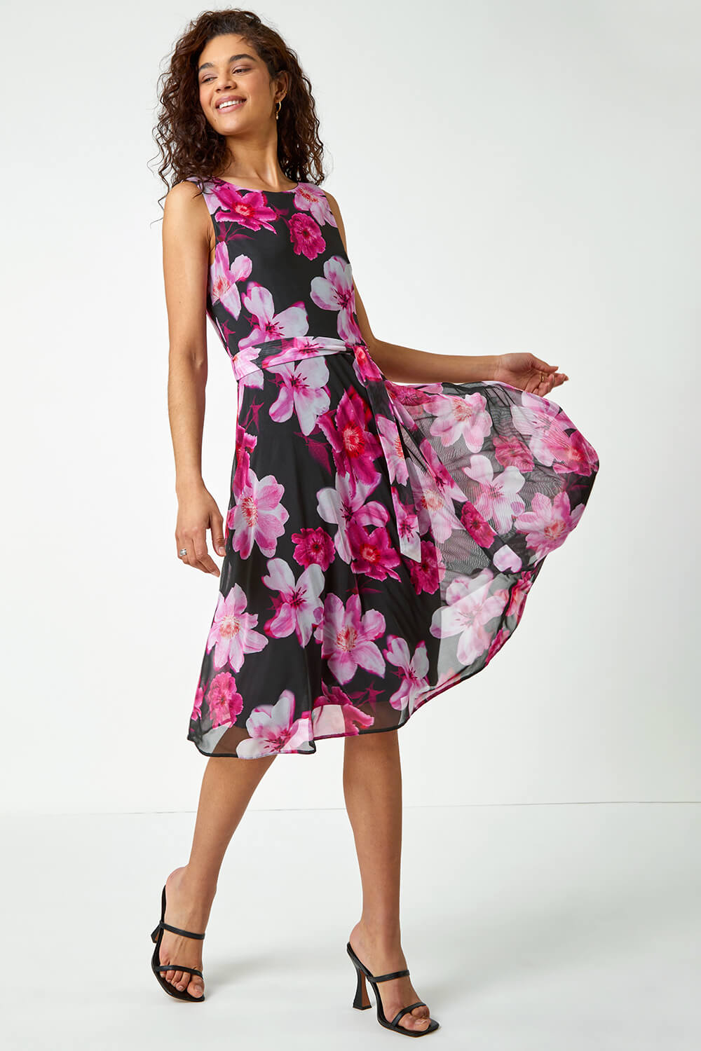 Cerise Sleeveless Floral Print Stretch Dress | Roman UK