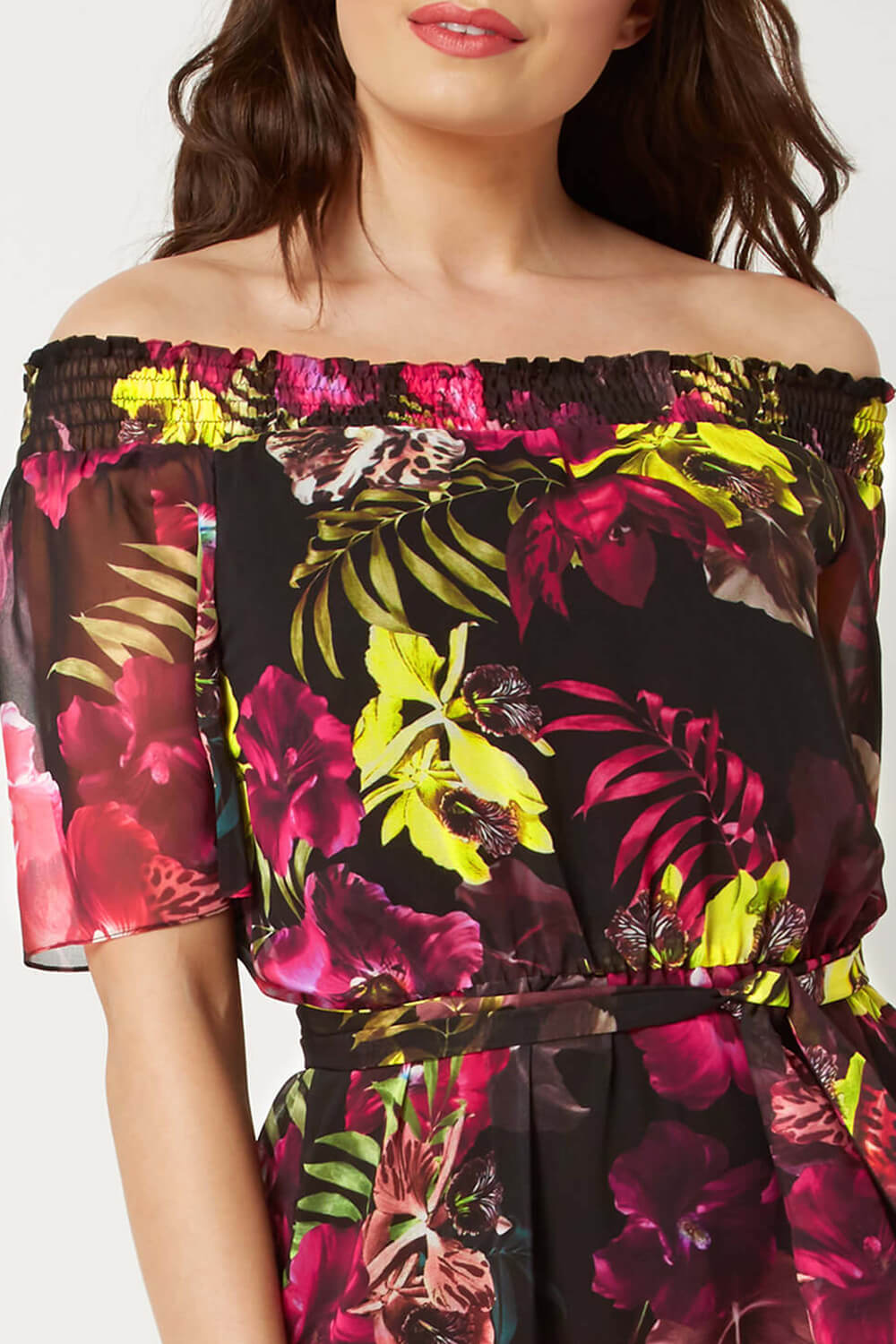 Black Floral Bardot Maxi Dress, Image 4 of 5