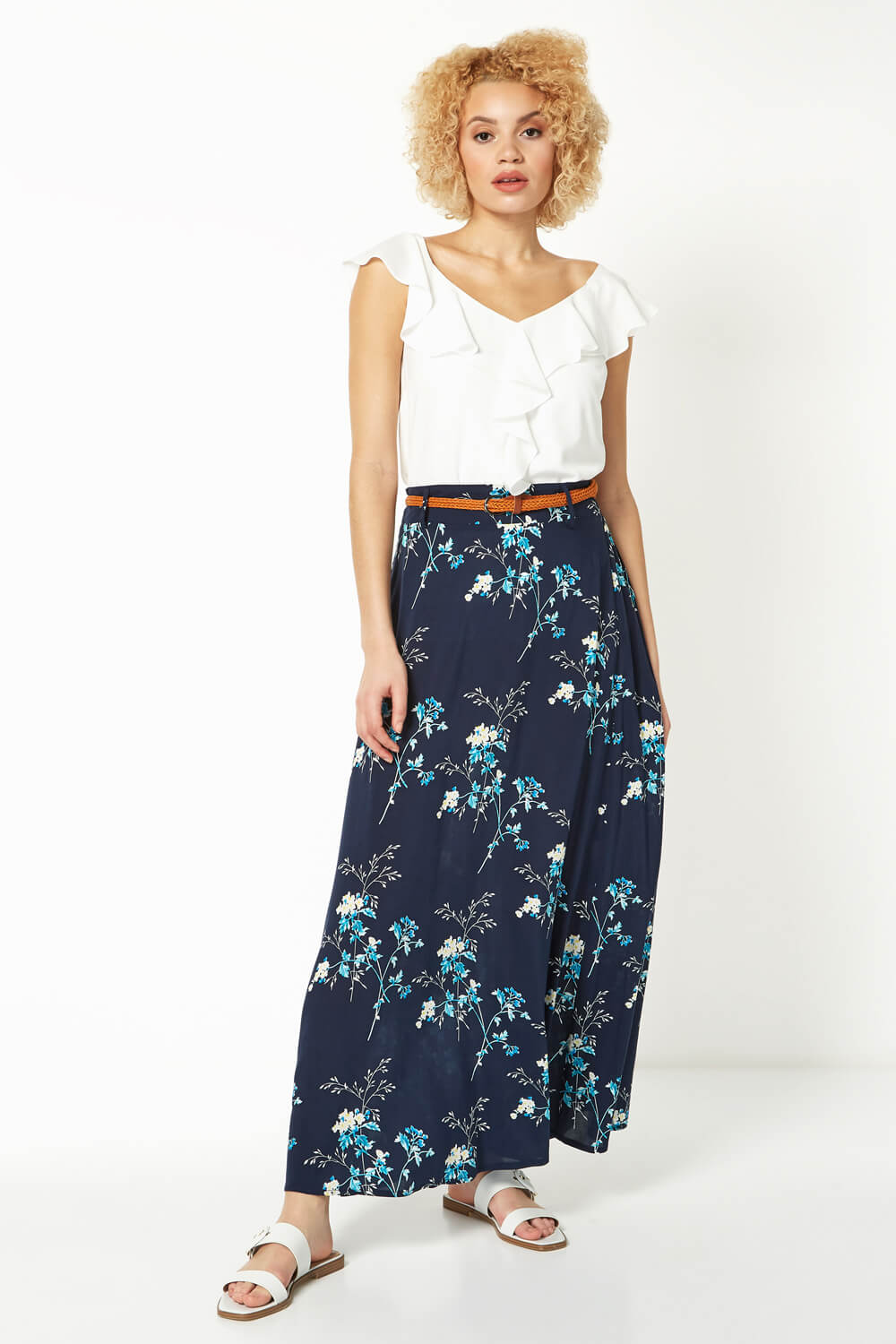 Navy  Floral Belted Maxi Skirt, Image 3 of 5