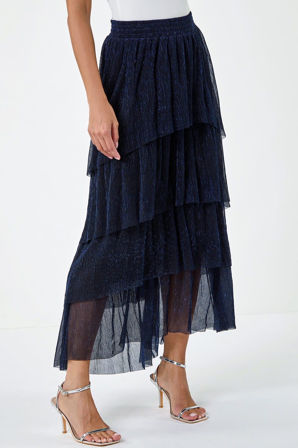 Midnight Blue Shimmer Tiered Mesh Maxi Skirt, Image 5 of 5
