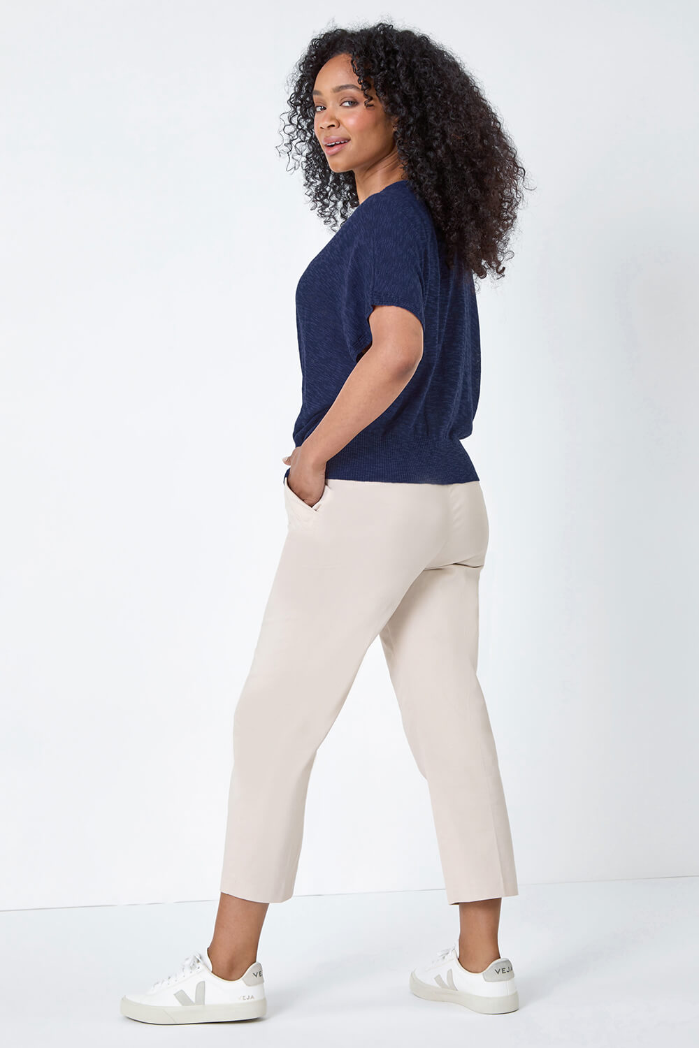 Navy  Petite Cotton Blend Textured Knit Top, Image 3 of 5