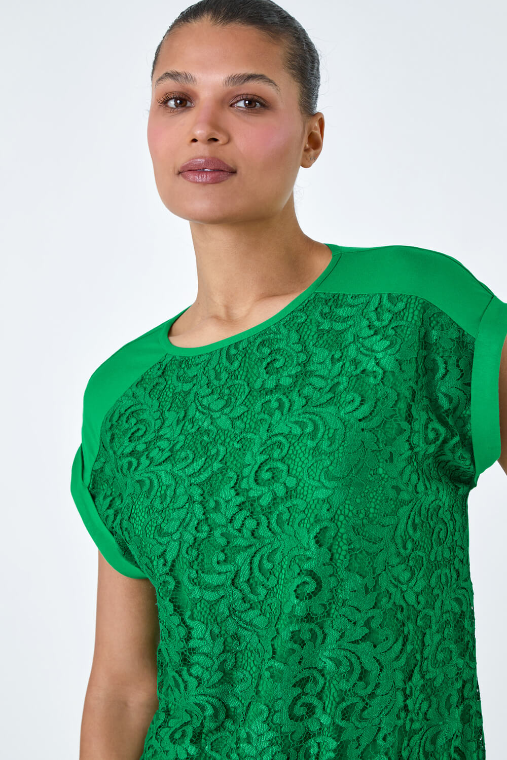 Green Lace Panel Stretch Jersey Top, Image 4 of 5