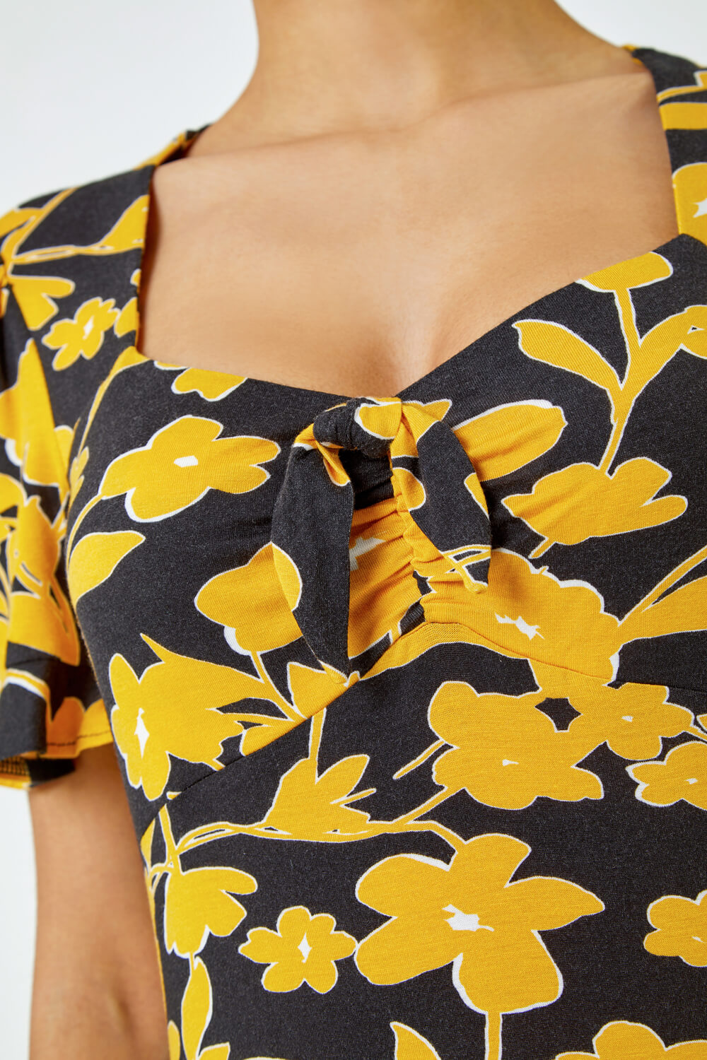Yellow Floral Frill Hem Stretch Dress, Image 5 of 5