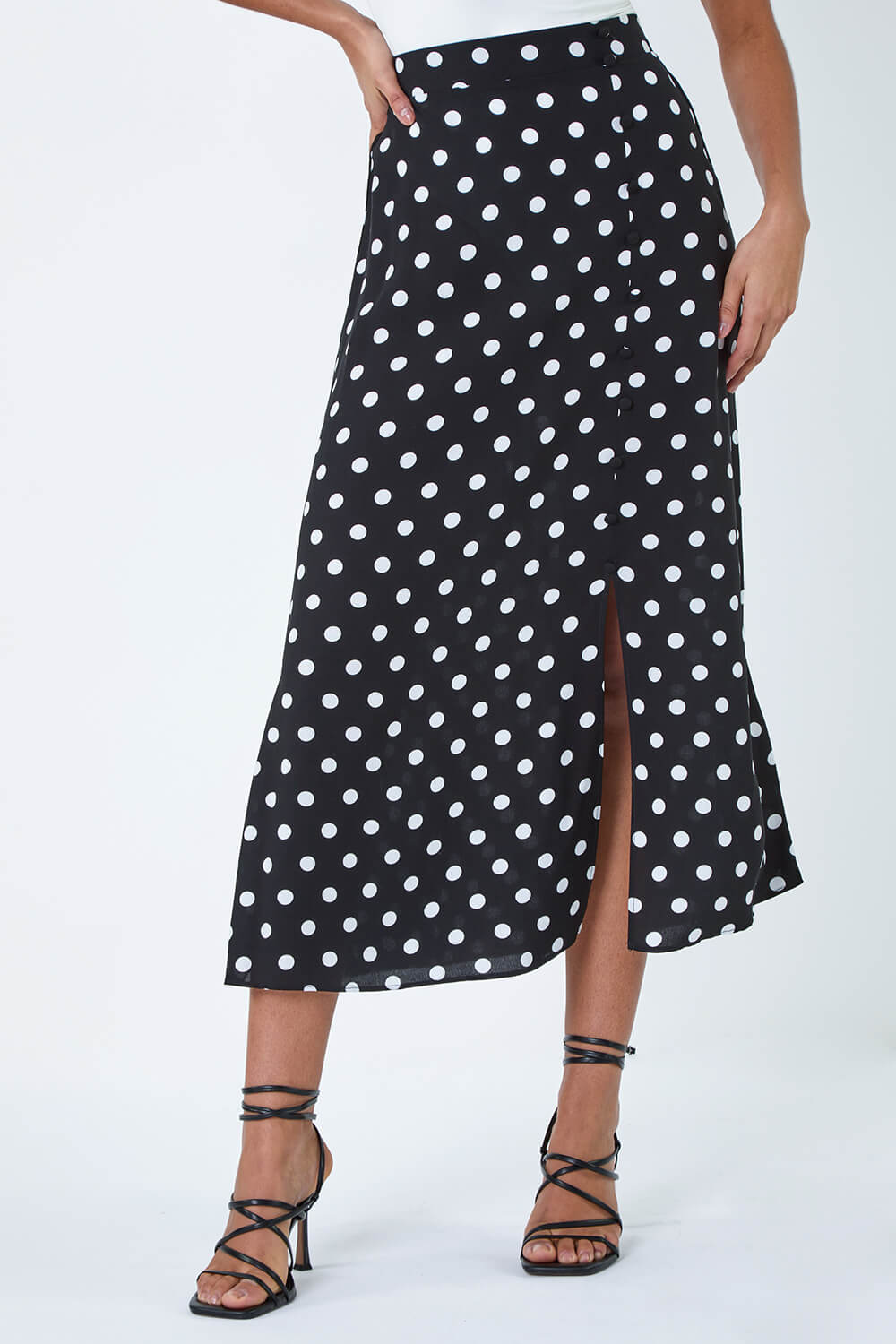 Black Polka Dot Button Detail Midi Skirt, Image 4 of 5
