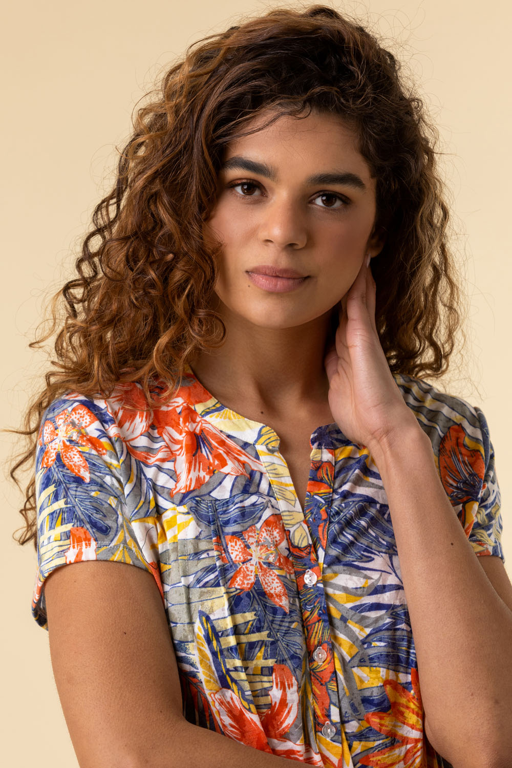 Tropical Print Tie Front Stretch Top