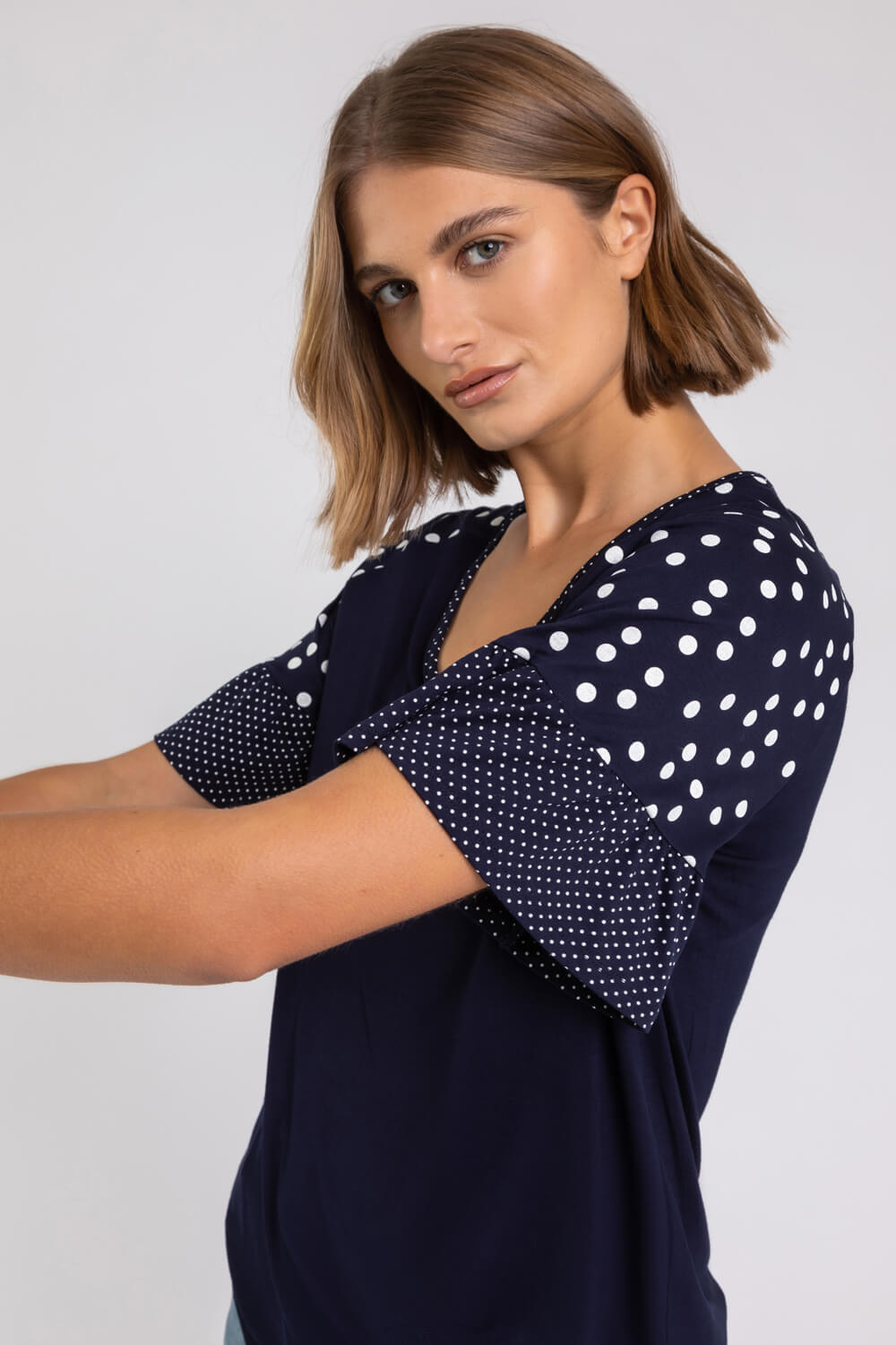 Navy  Spot Print Frill Sleeve Top, Image 5 of 5