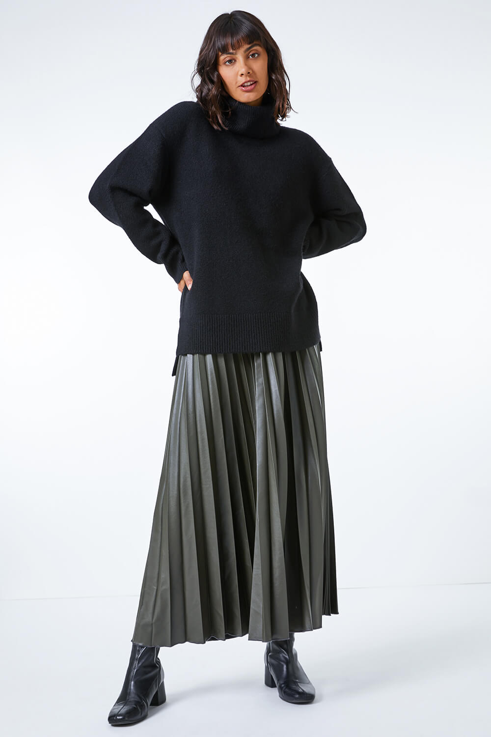 KHAKI Faux Leather Pleated Maxi Skirt , Image 2 of 5