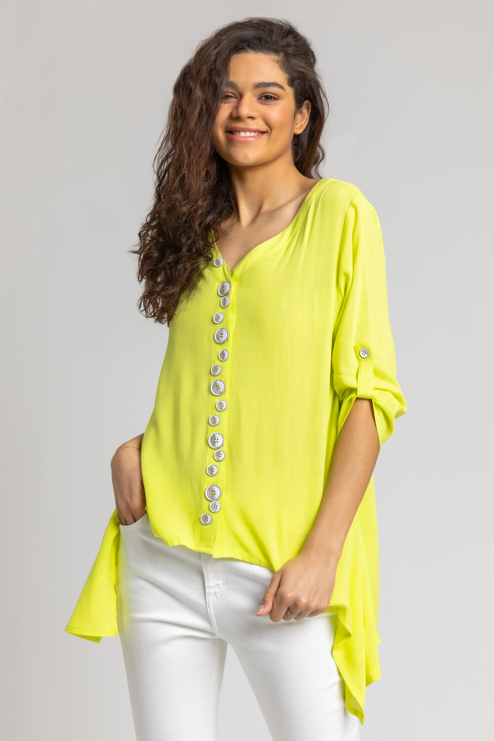 Lime Asymmetric Abstract Button Detail Top, Image 2 of 5