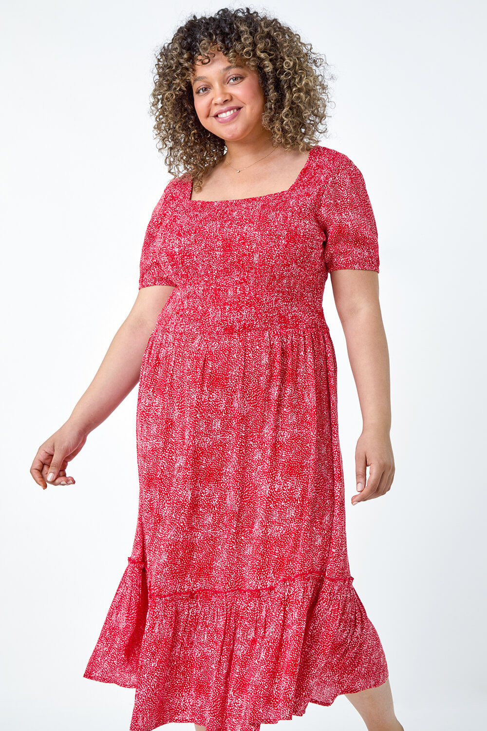 Red Curve Printed Crinkle Shirred Midi Dress, Image 4 of 5
