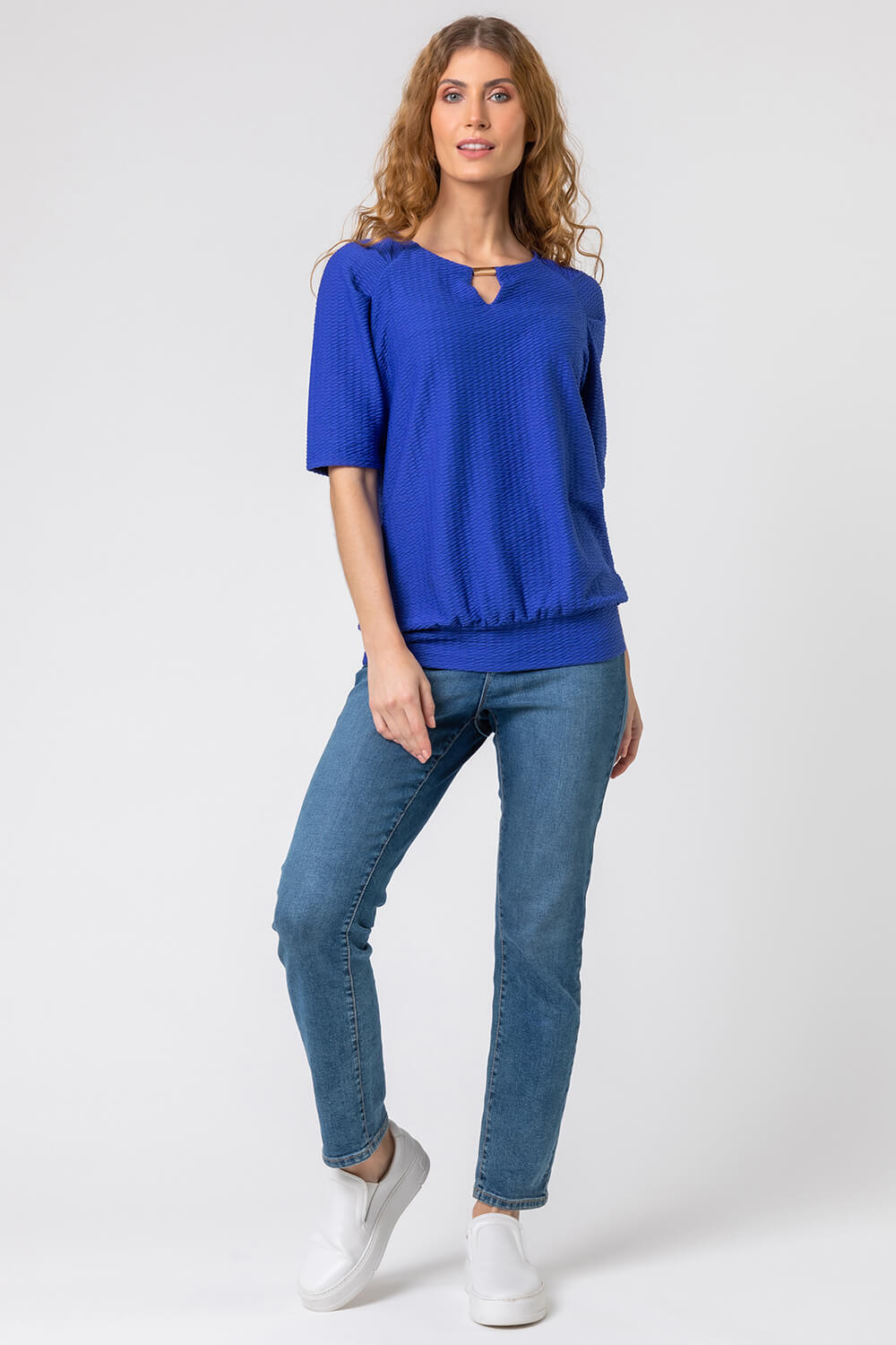Royal Blue Keyhole Neck Textured Top, Image 3 of 4