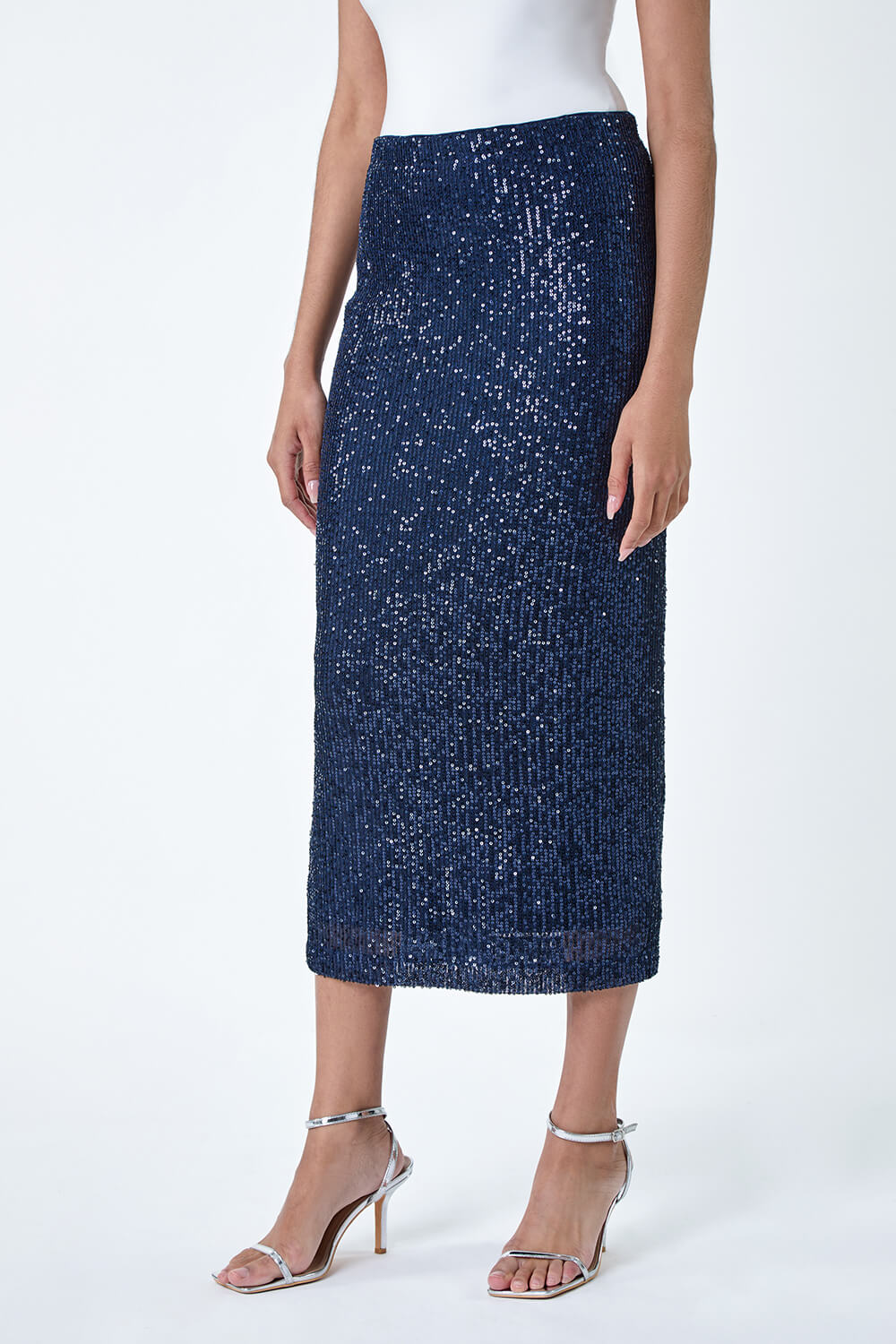 Navy  Sequin Sparkle Stretch Midi Skirt, Image 4 of 5