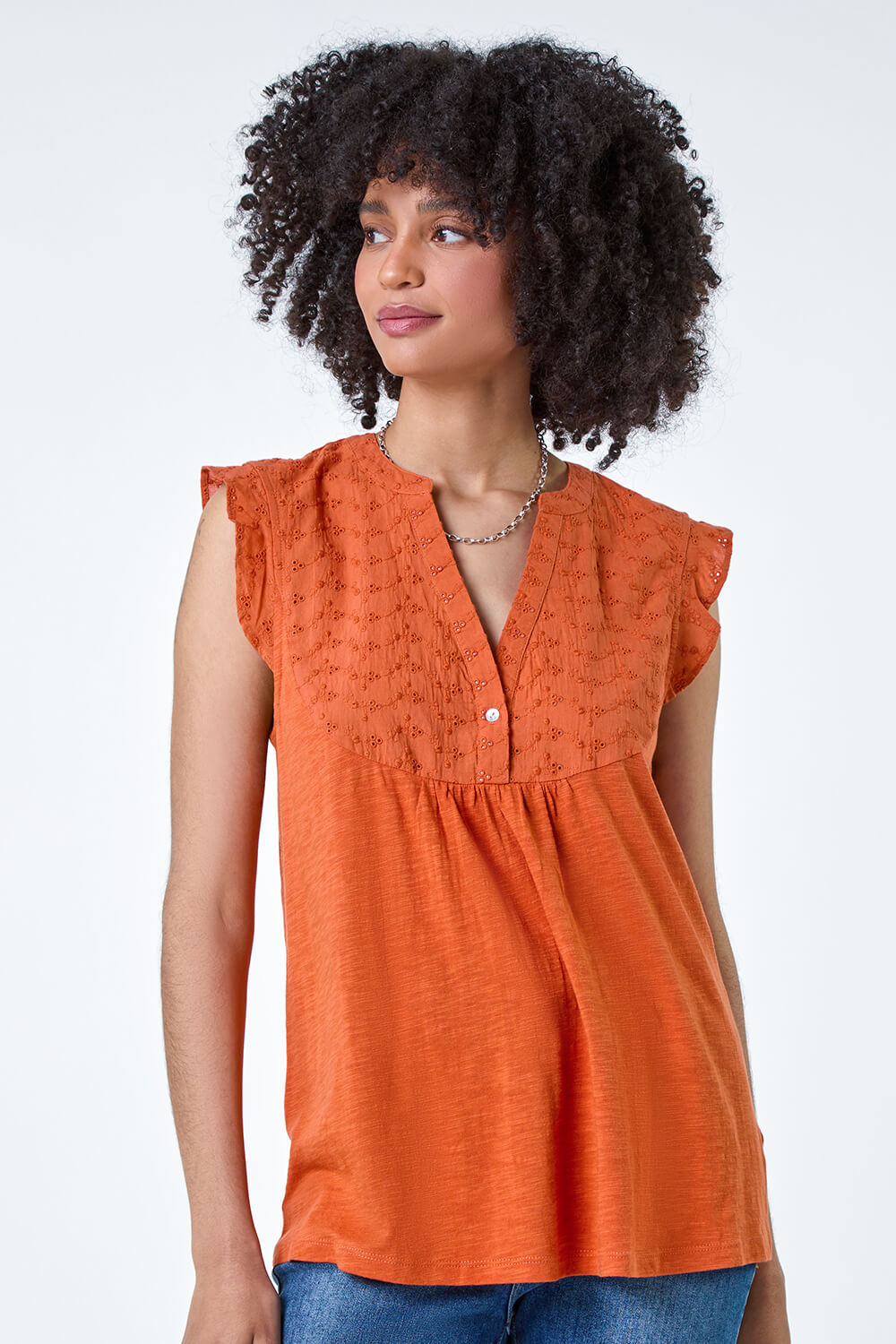 ORANGE Embroidered Frill Cotton Blend V-Neck Vest Top, Image 2 of 5