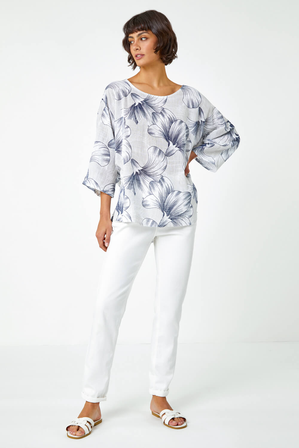 Grey Floral Print Cotton Tunic Top, Image 4 of 5