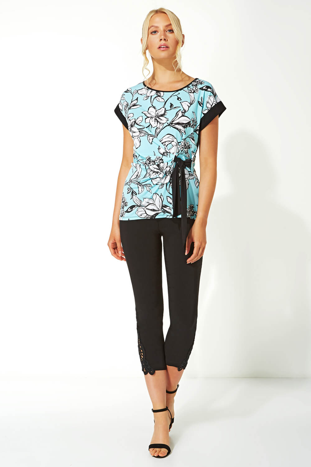 Turquoise Tie Waist Floral Top, Image 3 of 5