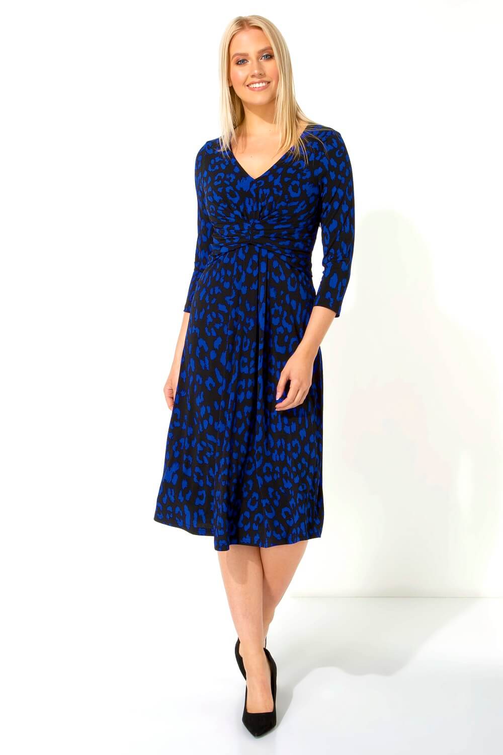 Royal Blue Leopard Print Fit And Flare Dress, Image 2 of 5