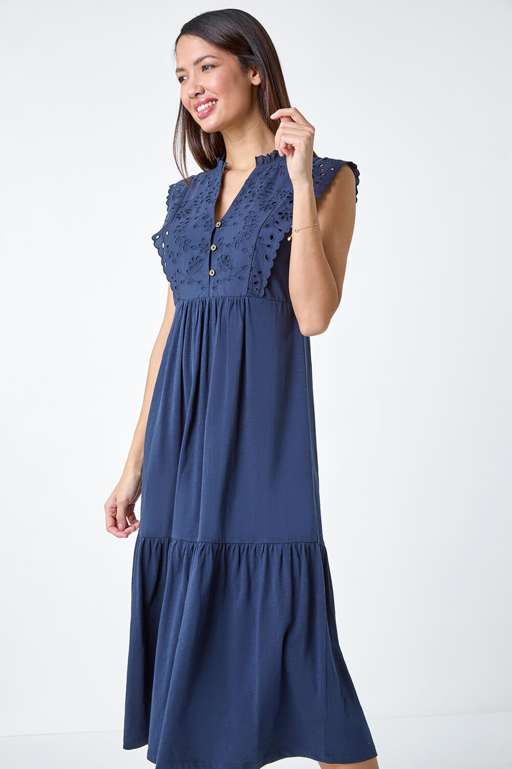 Navy  Broderie Frilled Cotton Midi Dress, Image 2 of 5