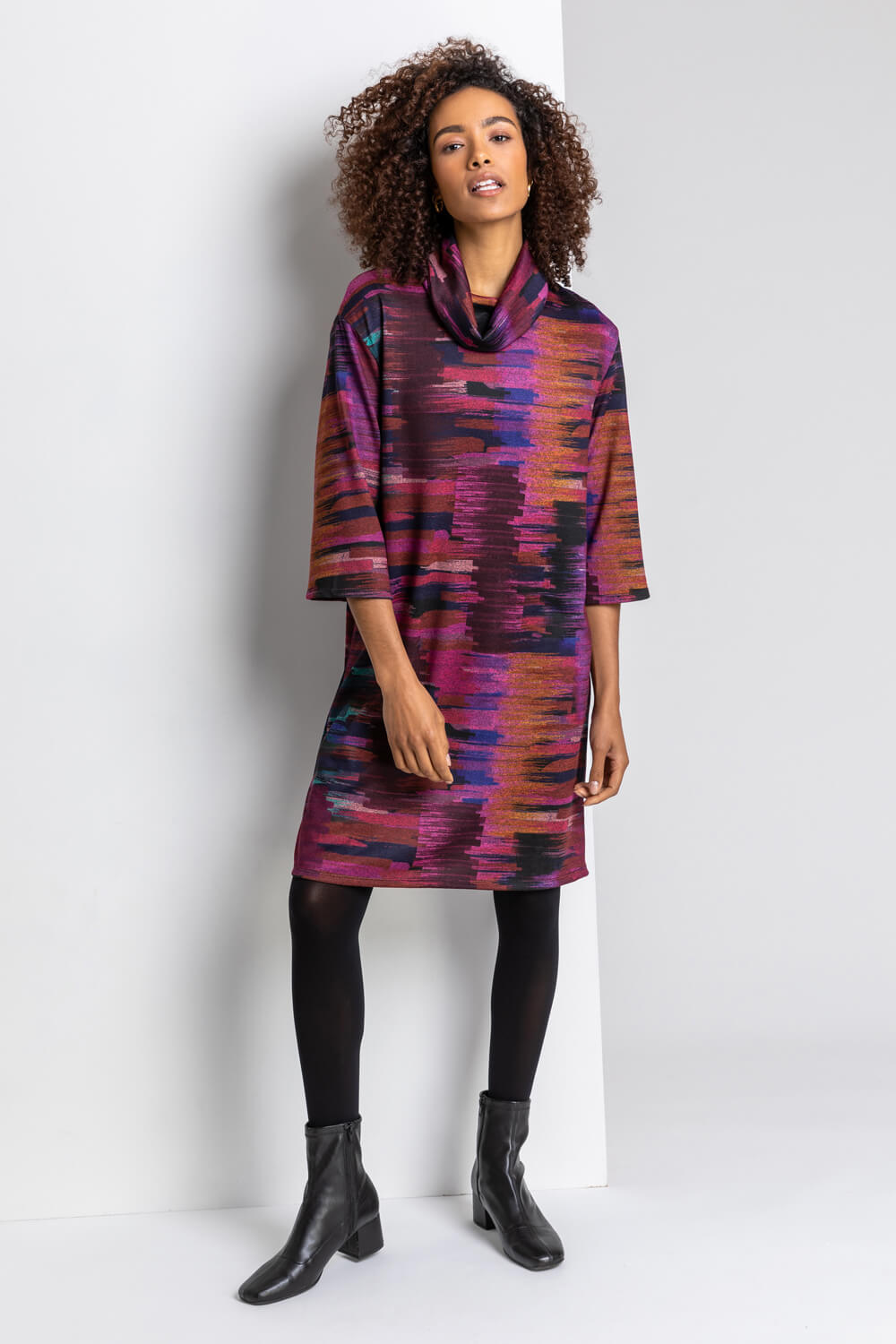Purple Abstract Print Cowl Neck Dress, Image 2 of 4