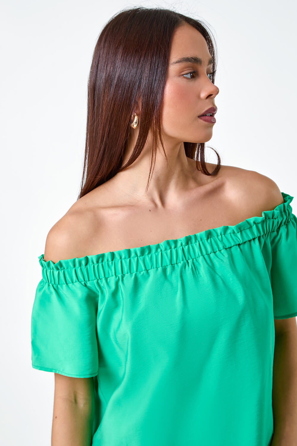 Green Petite Plain Stretch Neck Bardot Dress, Image 5 of 5