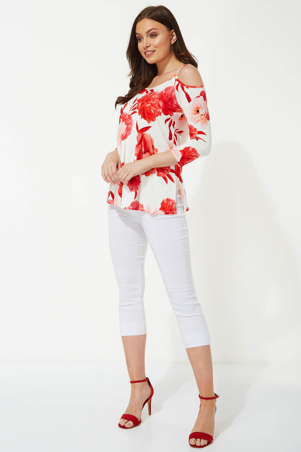 Red Tropical Cold Shoulder Top, Image 2 of 4