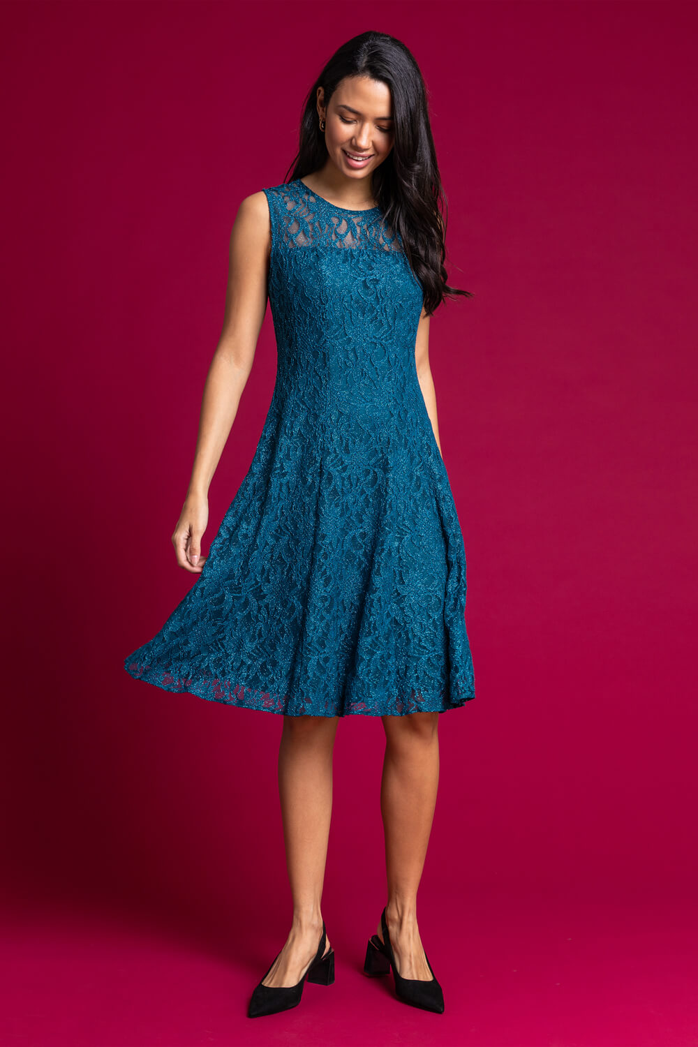 Teal Glitter Lace Fit And Flare Dress, Image 3 of 4