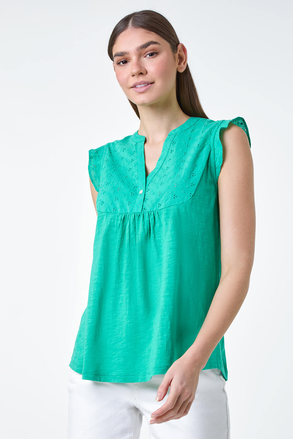 Jade Embroidered Frill Cotton Blend V-Neck Vest Top, Image 2 of 5