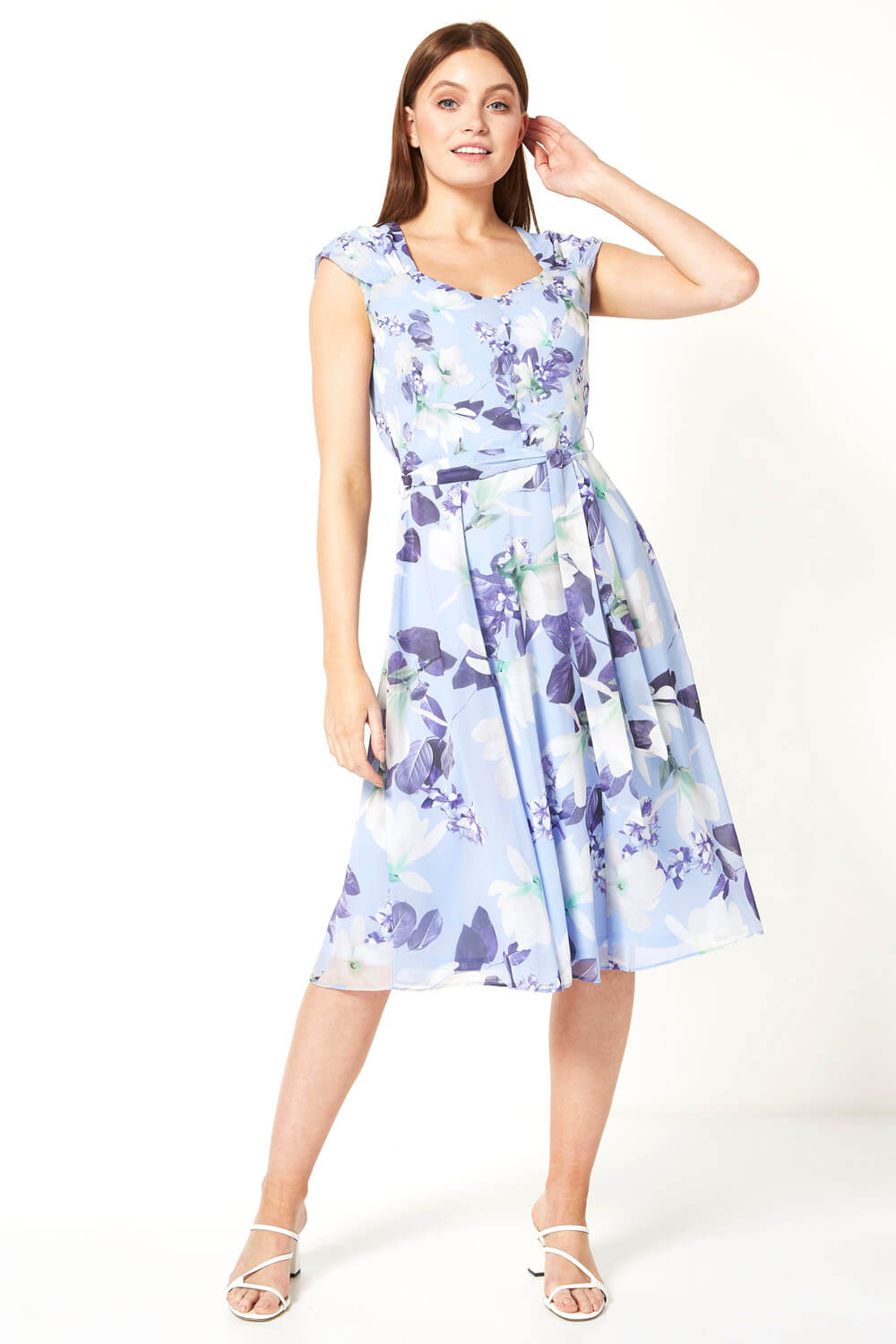 Lilac Floral Fit and Flare Belted Dress, Image 2 of 5
