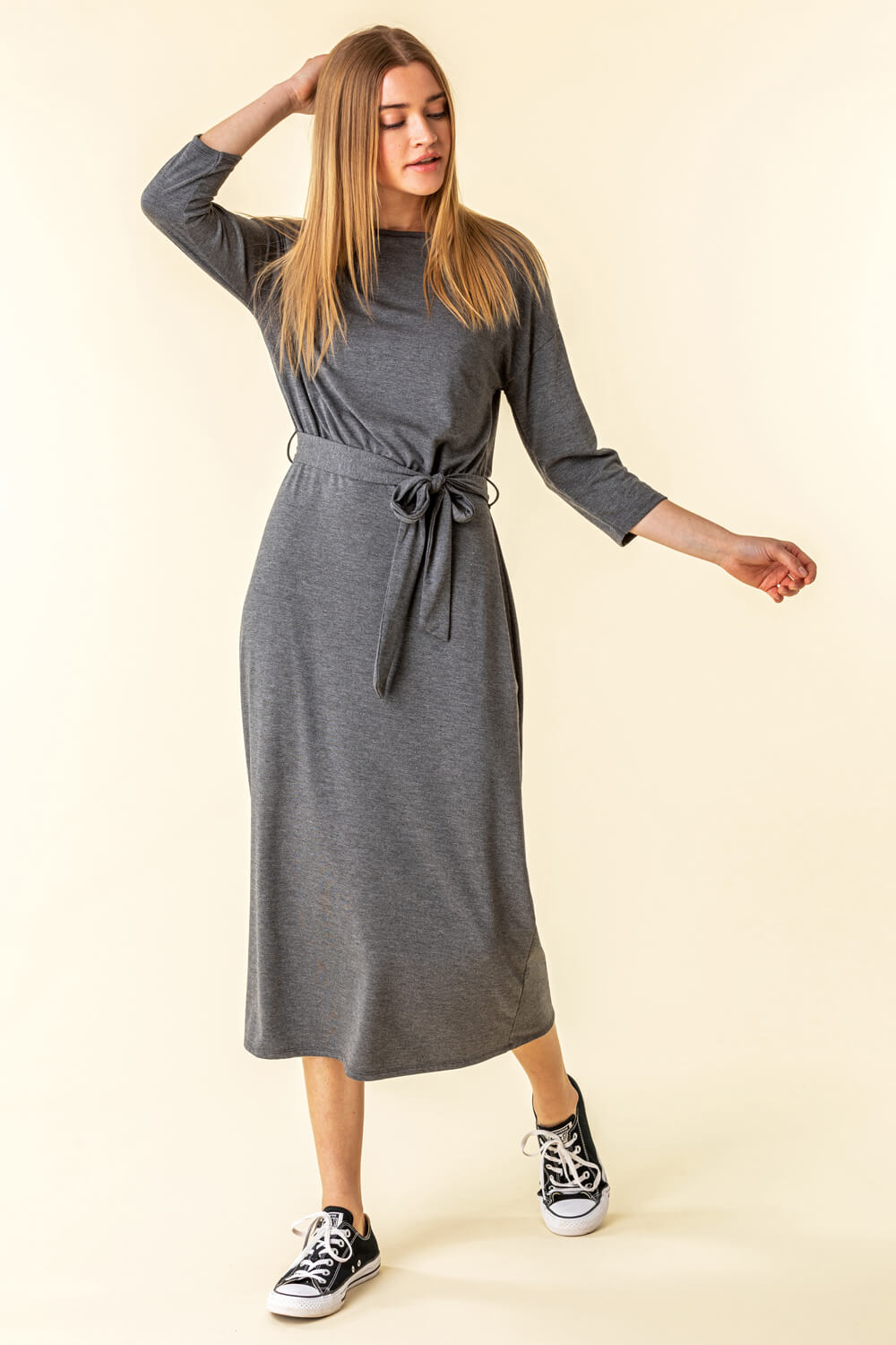 Grey Belted Jersey Midi Dress, Image 4 of 4