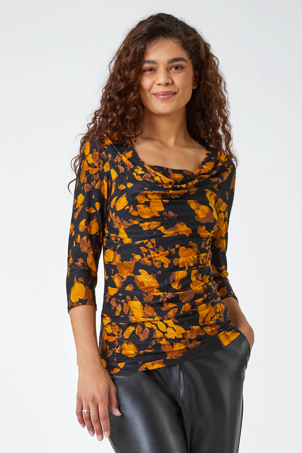 Ochre Floral Print Cowl Neck Top, Image 2 of 5