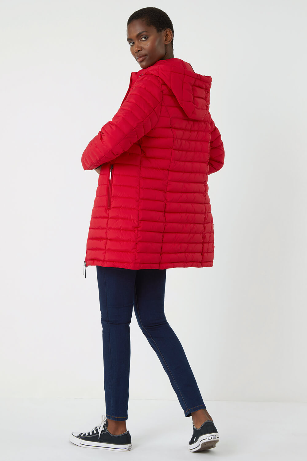 Red Longline Hooded Padded Coat, Image 3 of 5