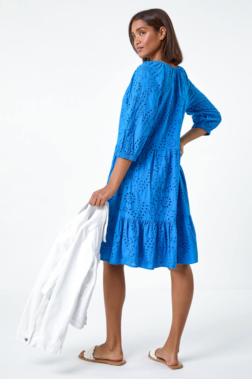 Royal Blue Cotton Broderie Tiered Smock Dress, Image 3 of 5