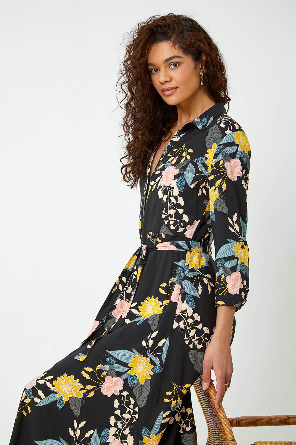 Black Floral Print Midi Shirt Dress | Roman UK