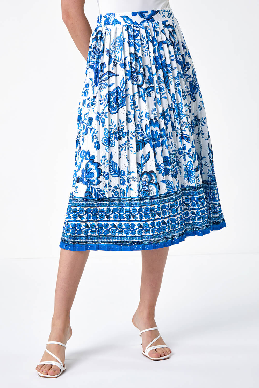 Blue Floral Broderie Stretch Pleated Midi Skirt, Image 4 of 5