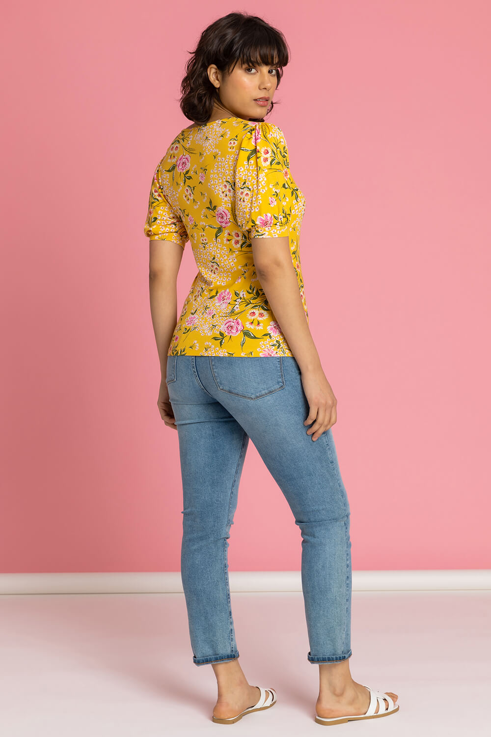 Yellow Floral Print Ruched Detail Top, Image 2 of 5