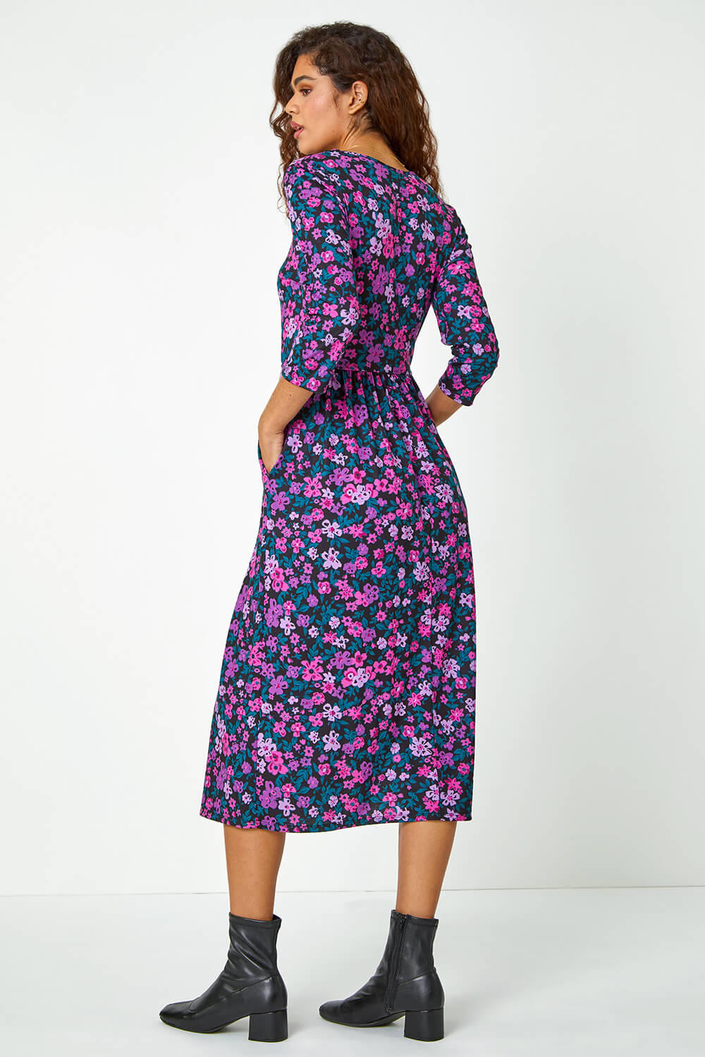 Purple Floral Print Midi Stretch Dress, Image 3 of 5